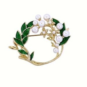 Brooch-circular with green enamel leaves & pearl beads, NIP, 1.3”x1.6” approx